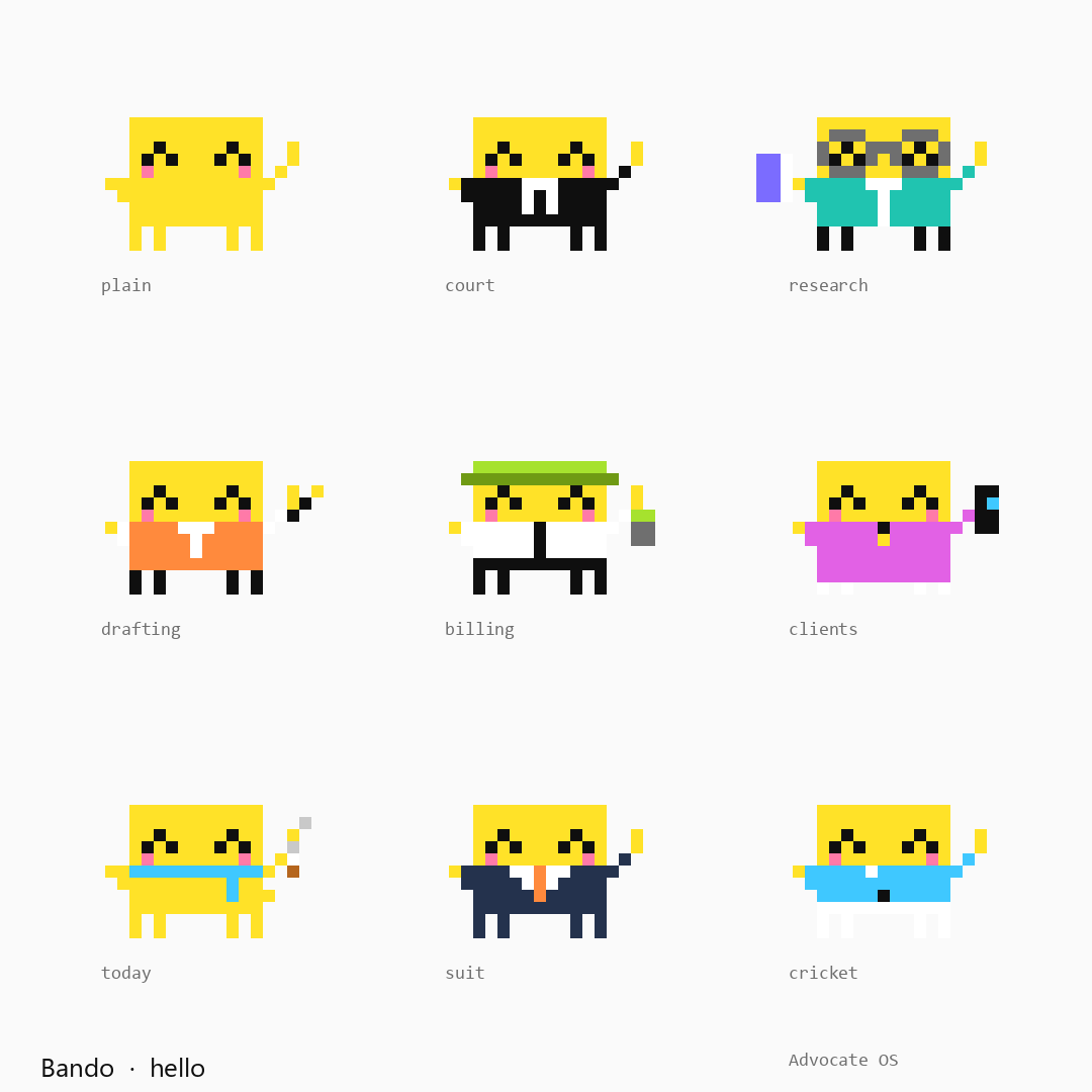 Showreel: the nine outfits side by side, cycling through the animations